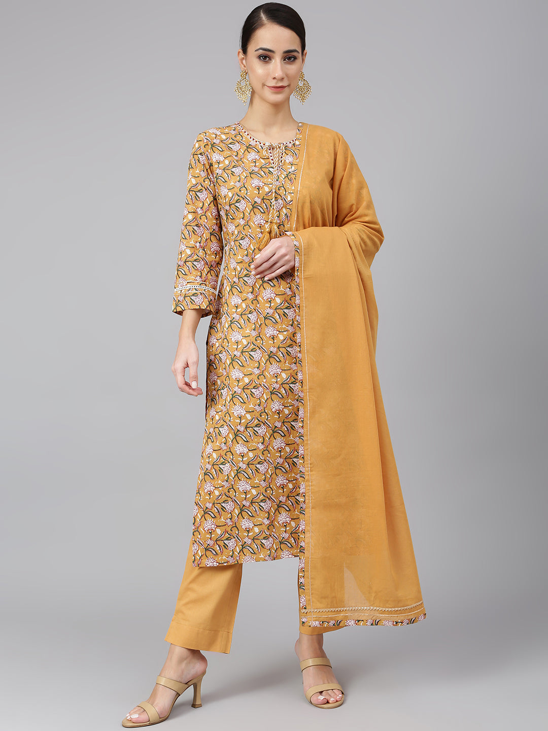 Janasya Women's Light Brown Cotton Floral Print Kurta With Pant And Dupatta - Distacart