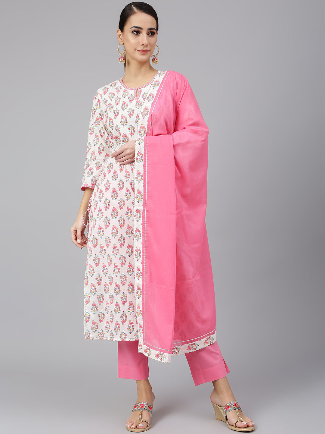 Janasya Women's Off White Cotton Floral Print Kurta With Pant And Dupatta - Distacart