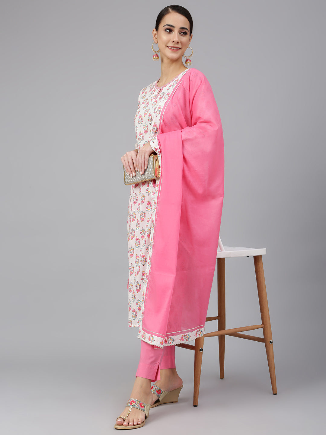 Janasya Women's Off White Cotton Floral Print Kurta With Pant And Dupatta - Distacart