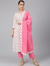 Thumbnail for Janasya Women's Off White Cotton Floral Print Kurta With Pant And Dupatta - Distacart