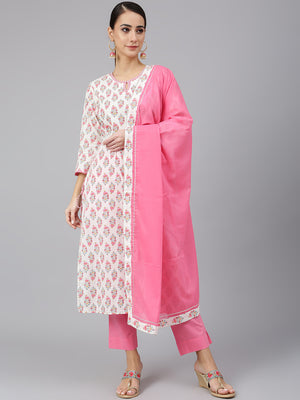 Janasya Women's Off White Cotton Floral Print Kurta With Pant And Dupatta - Distacart