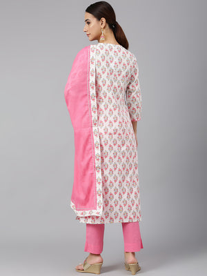Janasya Women's Off White Cotton Floral Print Kurta With Pant And Dupatta - Distacart