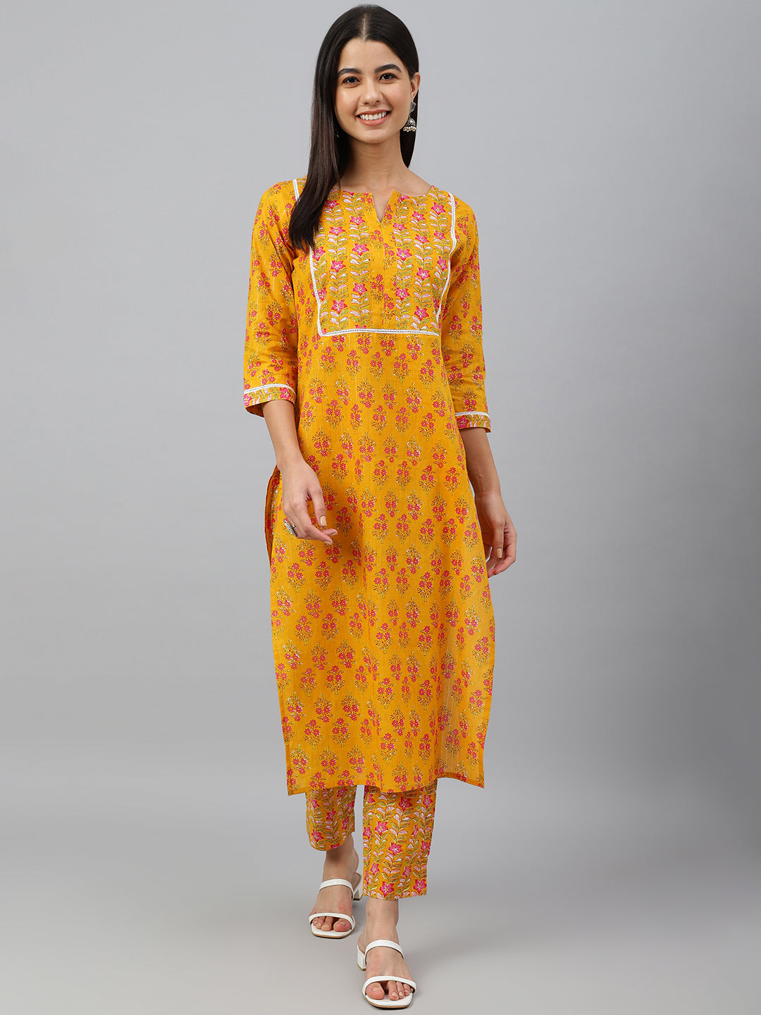 Janasya Women's Mustard Cotton Floral Print Kurta With Pant - Distacart
