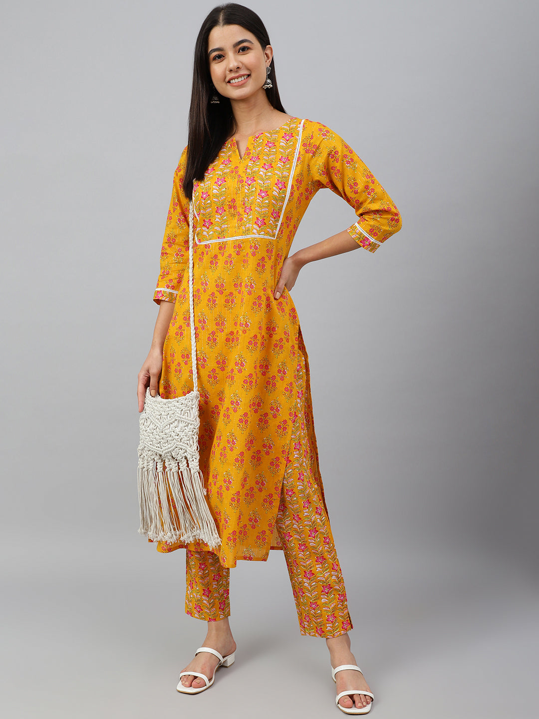 Janasya Women's Mustard Cotton Floral Print Kurta With Pant - Distacart