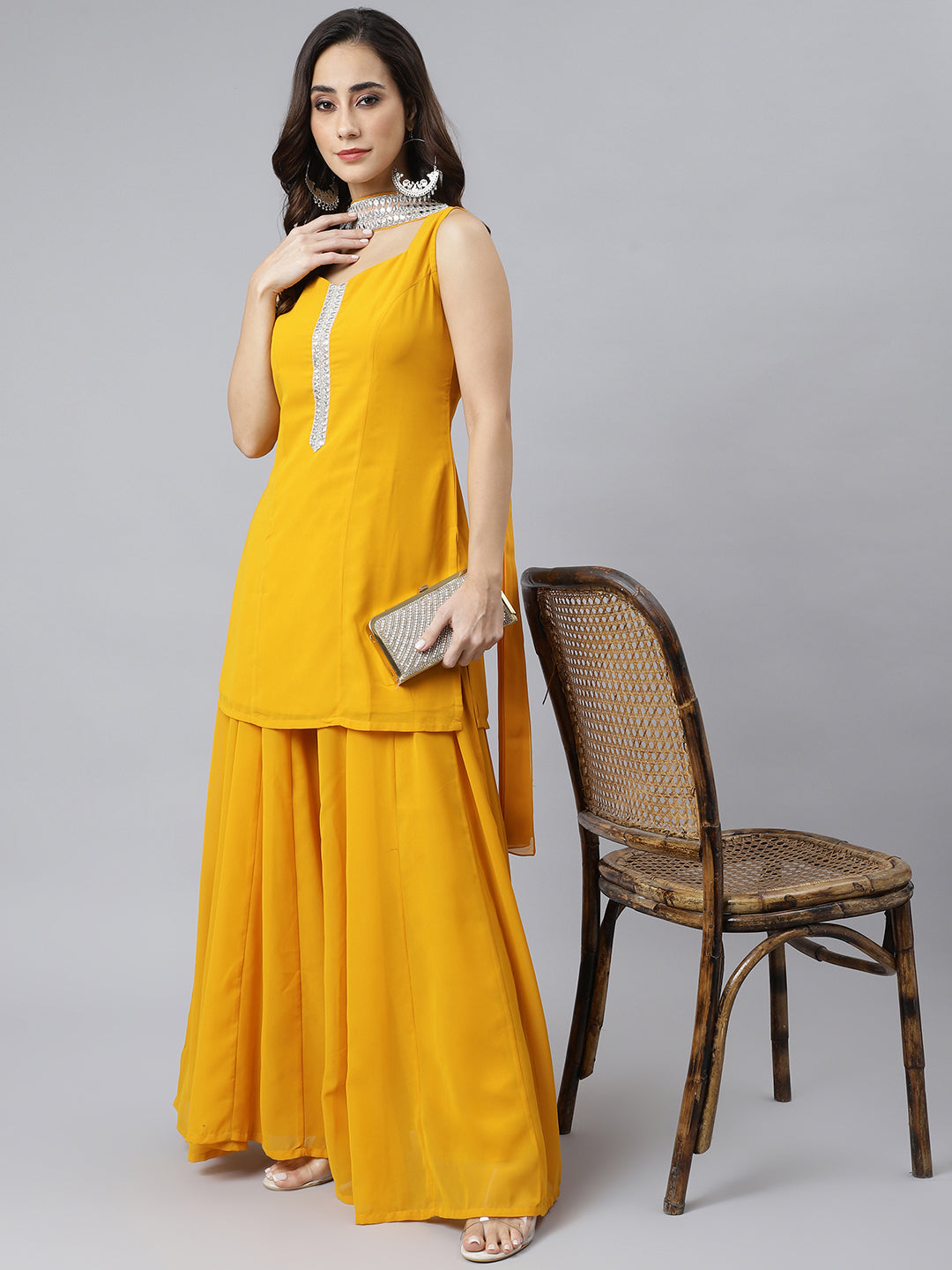 Janasya Women's Mustard Georgette Solid Kurta With Kali Palazzo And Dupatta - Distacart