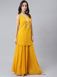 Thumbnail for Janasya Women's Mustard Georgette Solid Kurta With Kali Palazzo And Dupatta - Distacart