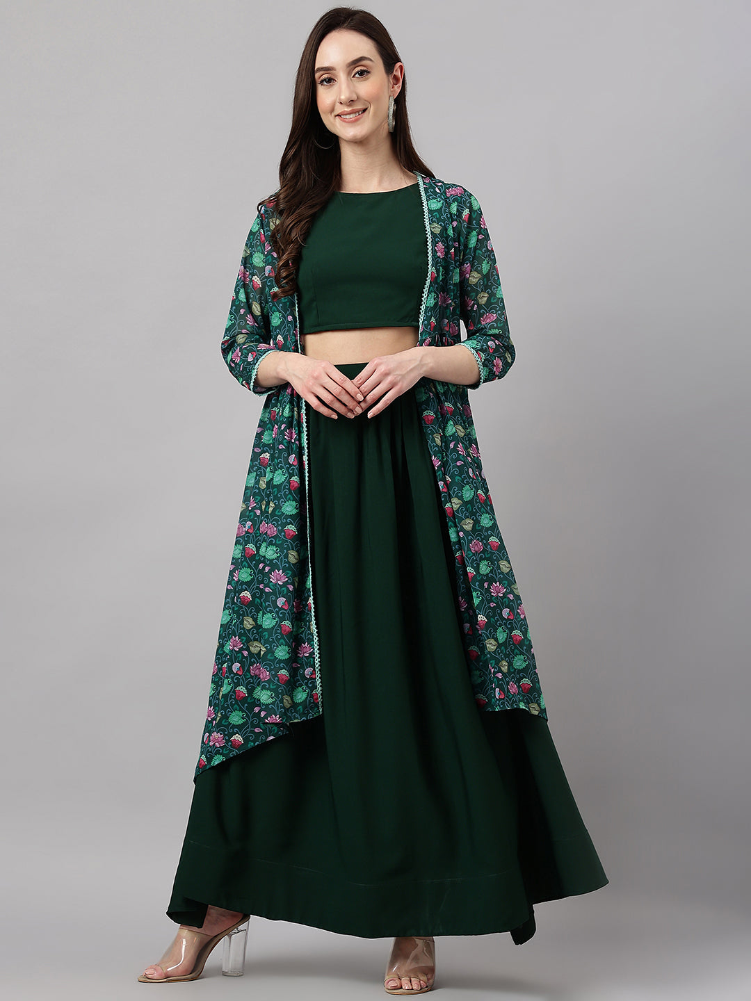 Janasya Women's Green Crepe Solid Crop Top With Skirt And Jacket - Distacart