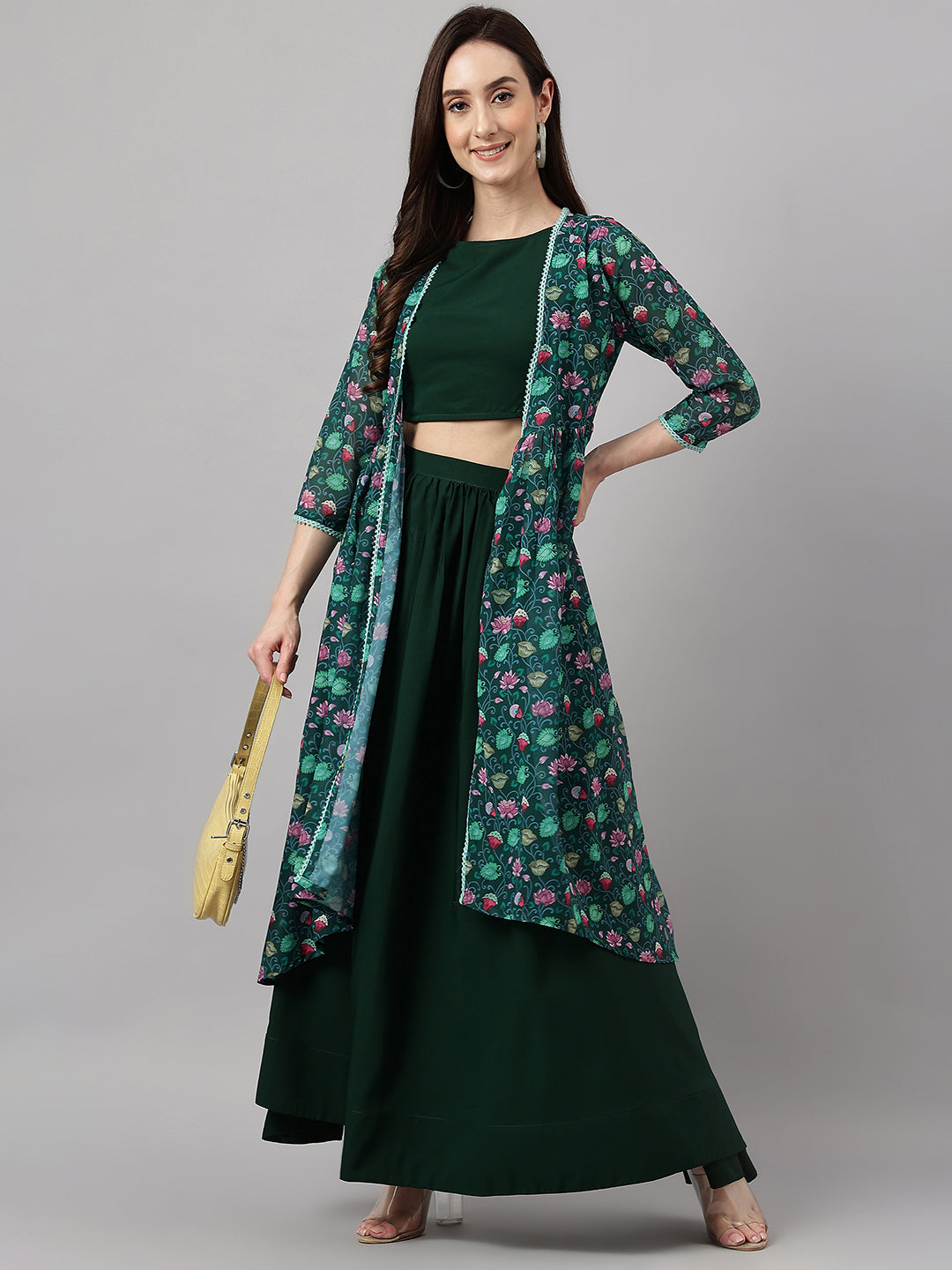 Janasya Women's Green Crepe Solid Crop Top With Skirt And Jacket - Distacart