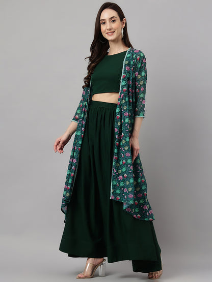 Janasya Women's Green Crepe Solid Crop Top With Skirt And Jacket - Distacart