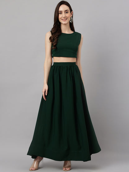 Janasya Women's Green Crepe Solid Crop Top With Skirt And Jacket - Distacart