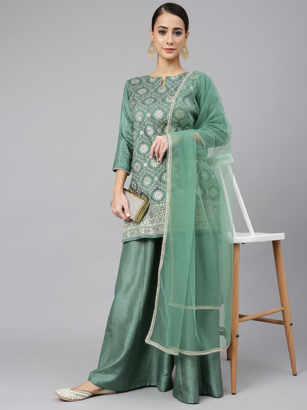 Janasya Women's Mint Green Chinon Foil Print Kurta With Flared Palazzo And Dupatta - Distacart