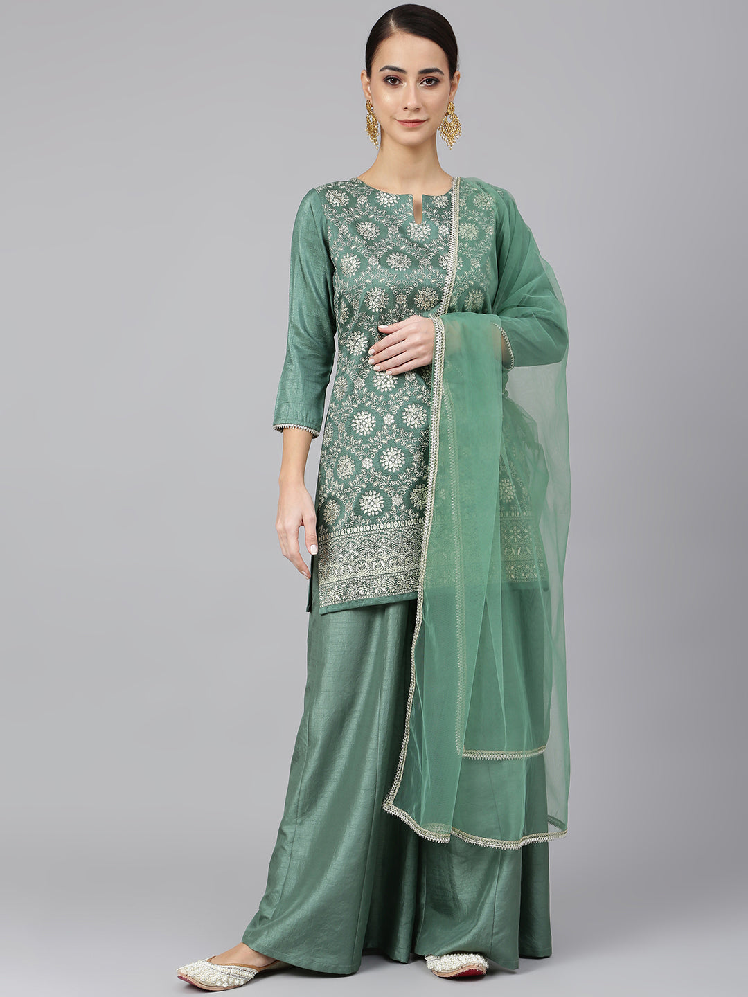 Janasya Women's Mint Green Chinon Foil Print Kurta With Flared Palazzo And Dupatta - Distacart