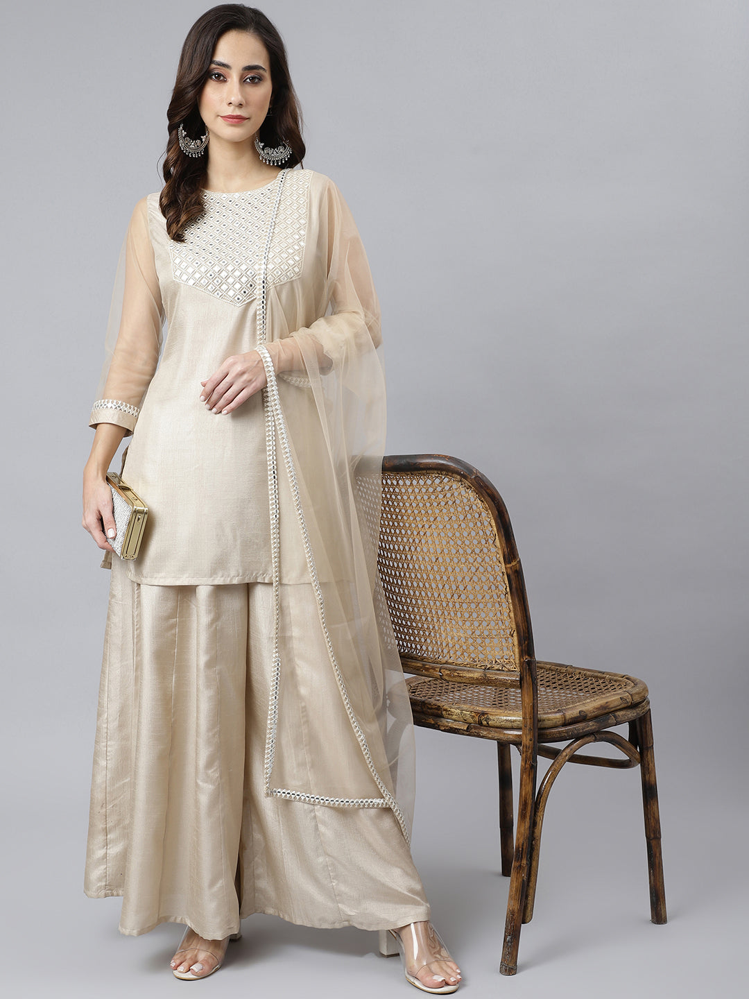 Janasya Women's Beige Chinon Embellished Kurta With Kali Palazzo And Dupatta - Distacart