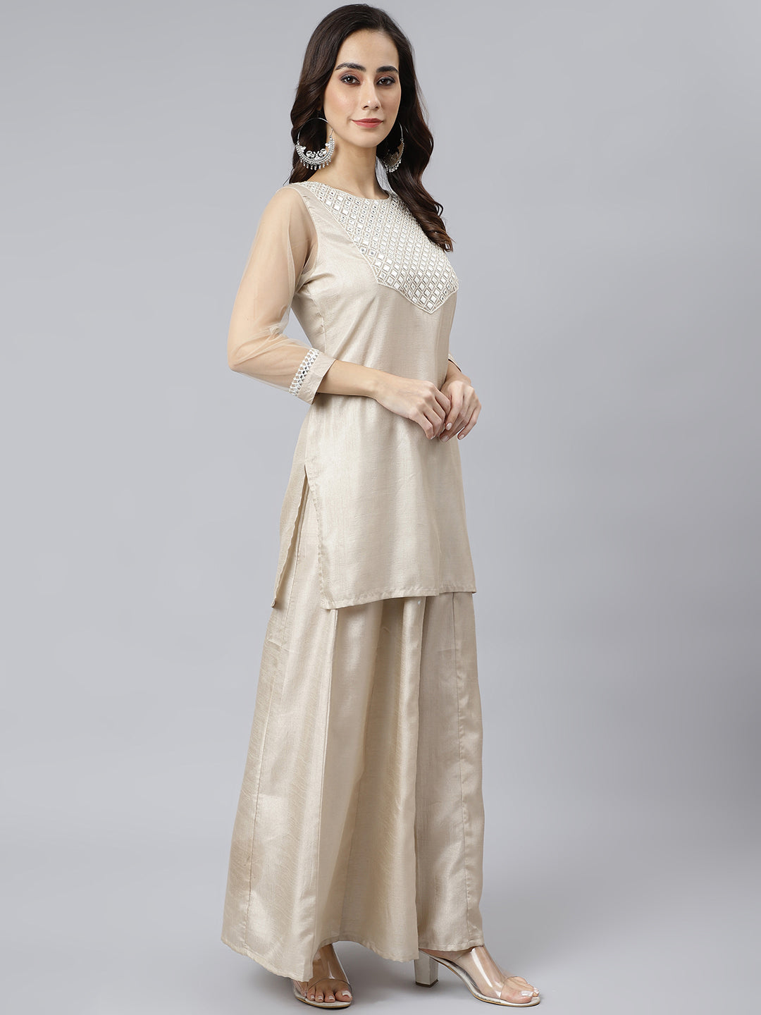 Janasya Women's Beige Chinon Embellished Kurta With Kali Palazzo And Dupatta - Distacart