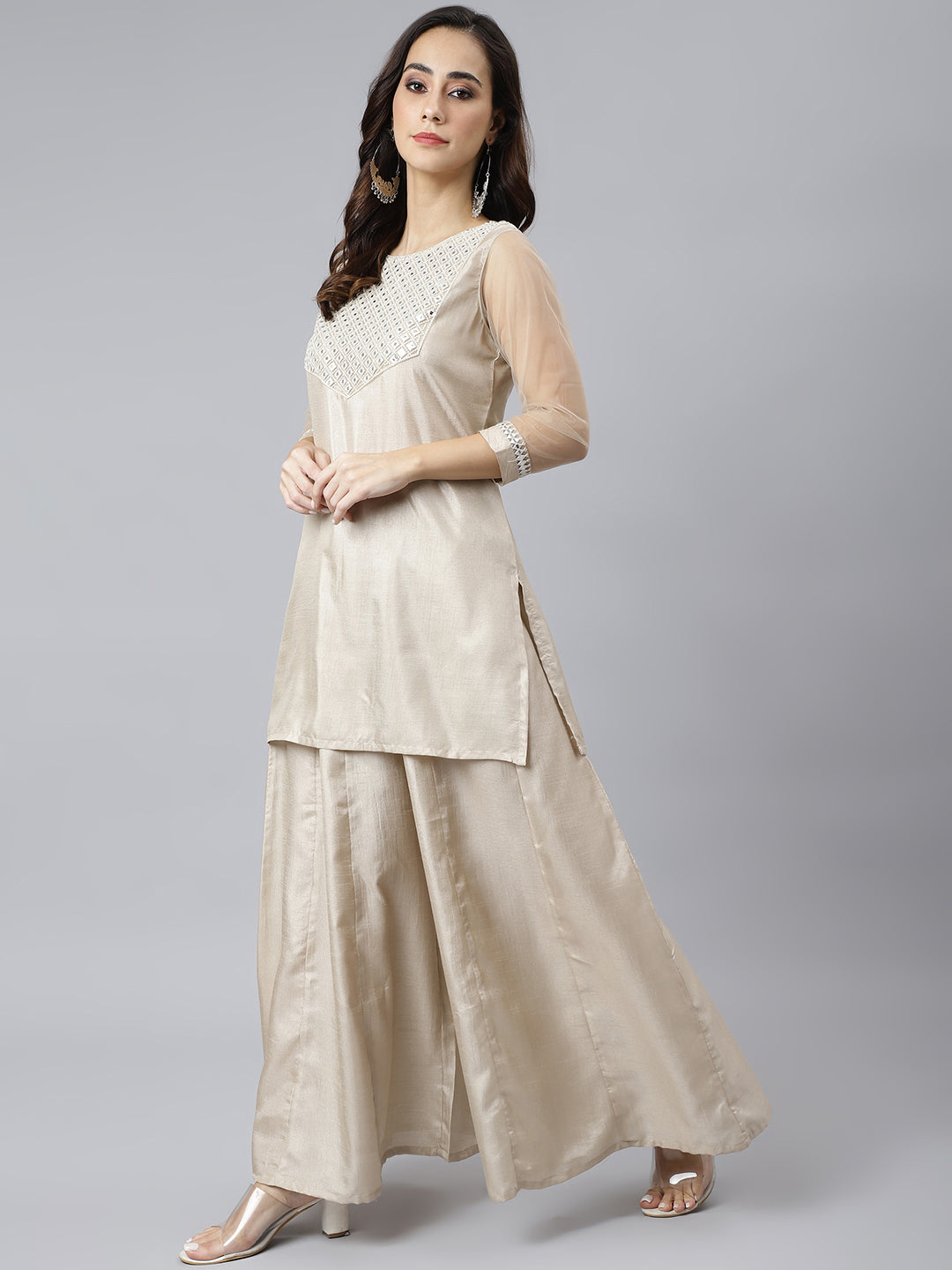 Janasya Women's Beige Chinon Embellished Kurta With Kali Palazzo And Dupatta - Distacart