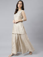 Thumbnail for Janasya Women's Beige Chinon Embellished Kurta With Kali Palazzo And Dupatta - Distacart