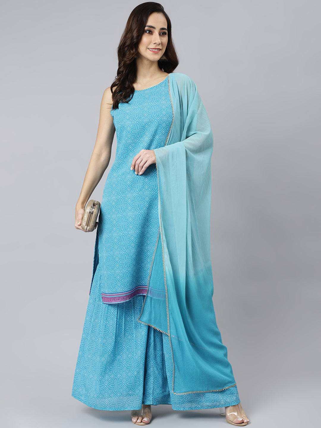 Janasya Women's Light Blue Georgette Bandhni Print Kurta With Sharara And Dupatta - Distacart