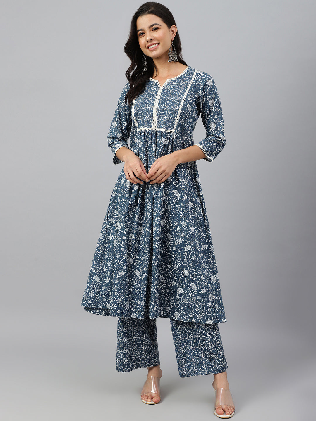 Janasya Women's Grey Cotton Floral Print Kurta With Palazzo - Distacart