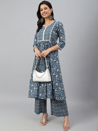 Thumbnail for Janasya Women's Grey Cotton Floral Print Kurta With Palazzo - Distacart