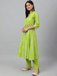 Thumbnail for Janasya Women's Light Green Cotton Block Print Kurta With Pant - Distacart
