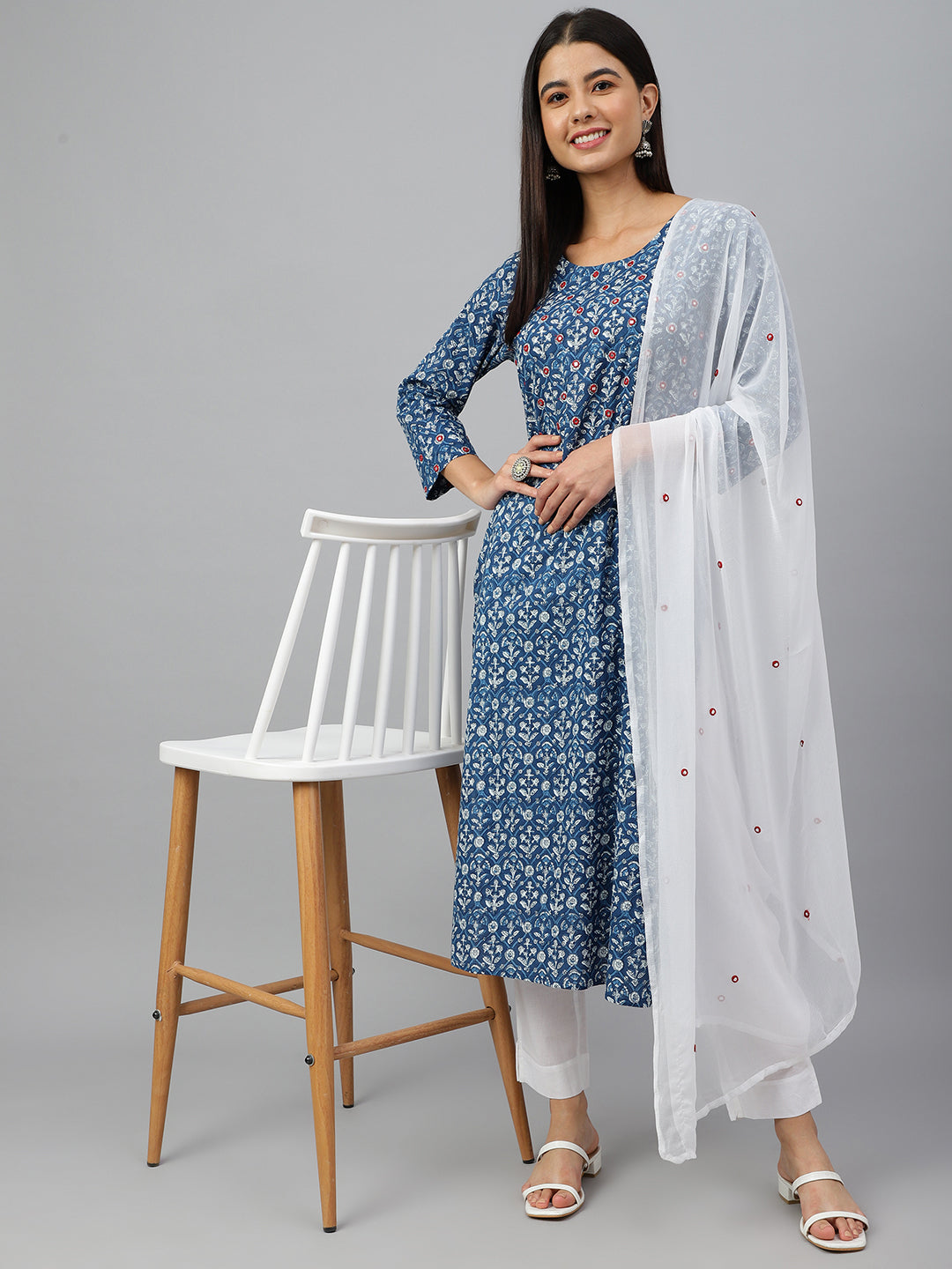 Janasya Women's Navy Blue Cotton Floral Print Kurta With Pant And Dupatta - Distacart