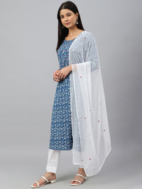 Thumbnail for Janasya Women's Navy Blue Cotton Floral Print Kurta With Pant And Dupatta - Distacart