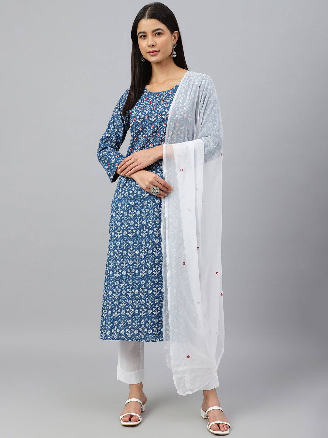 Janasya Women's Navy Blue Cotton Floral Print Kurta With Pant And Dupatta - Distacart