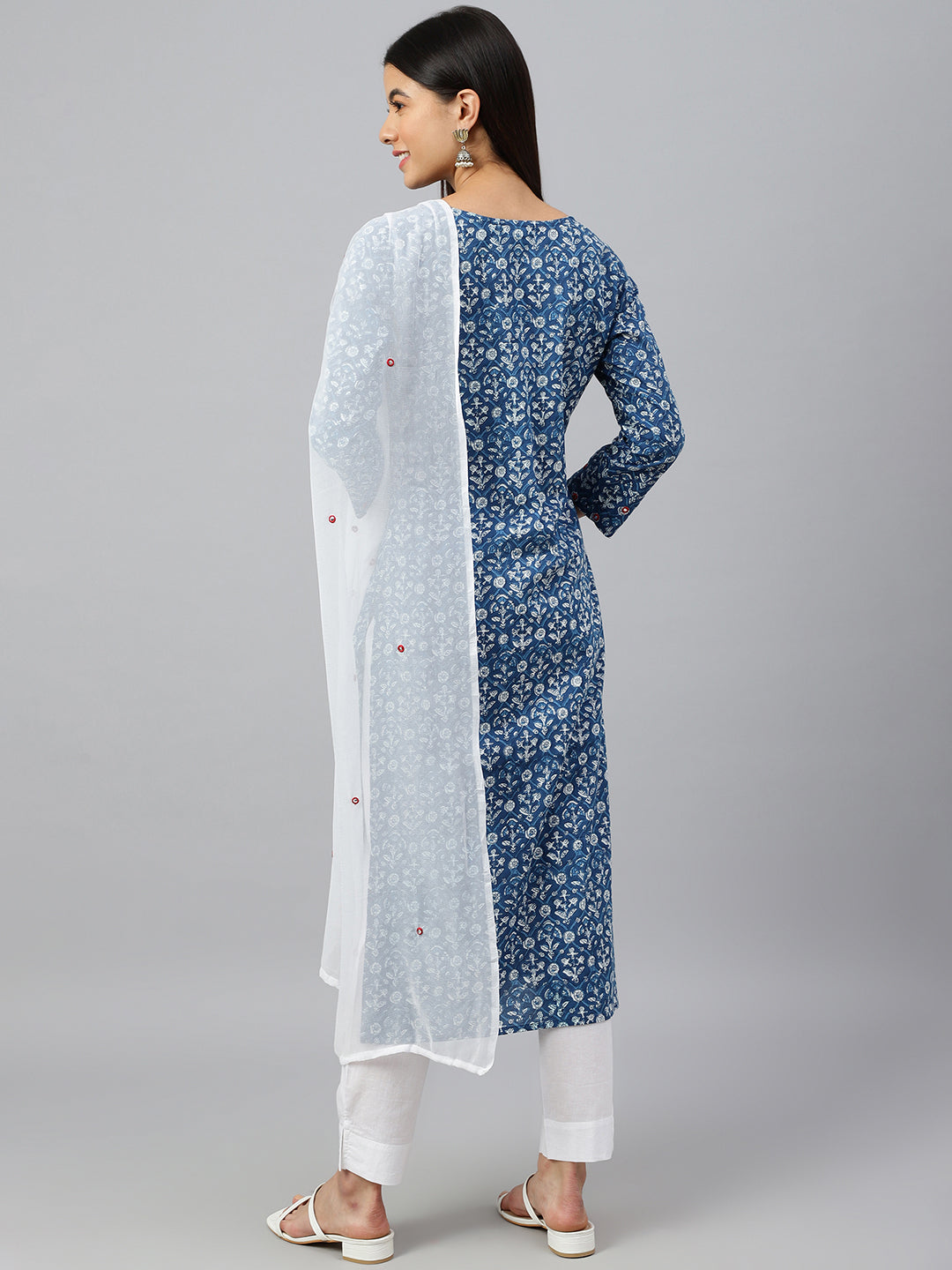 Janasya Women's Navy Blue Cotton Floral Print Kurta With Pant And Dupatta - Distacart