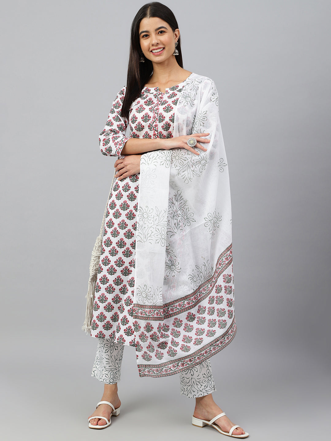 Janasya Women's White Cotton Floral Block Print Kurta With Pant And Dupatta - Distacart