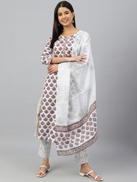 Thumbnail for Janasya Women's White Cotton Floral Block Print Kurta With Pant And Dupatta - Distacart