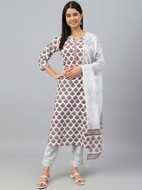 Thumbnail for Janasya Women's White Cotton Floral Block Print Kurta With Pant And Dupatta - Distacart