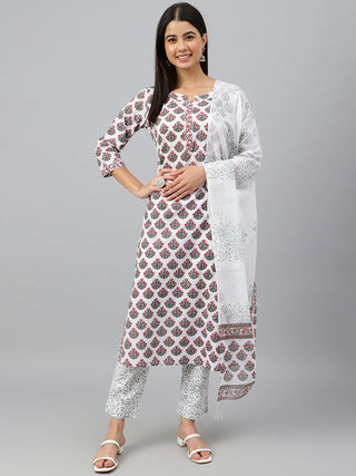 Janasya Women's White Cotton Floral Block Print Kurta With Pant And Dupatta - Distacart