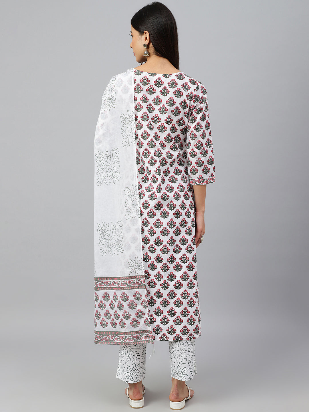 Janasya Women's White Cotton Floral Block Print Kurta With Pant And Dupatta - Distacart
