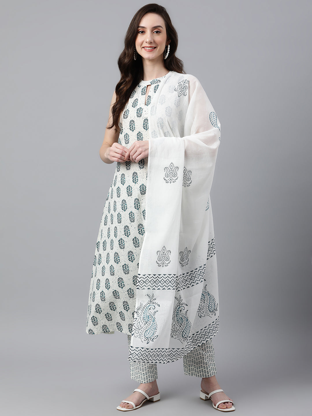 Janasya Women's White Cotton Floral Print Kurta With Pant And Dupatta - Distacart