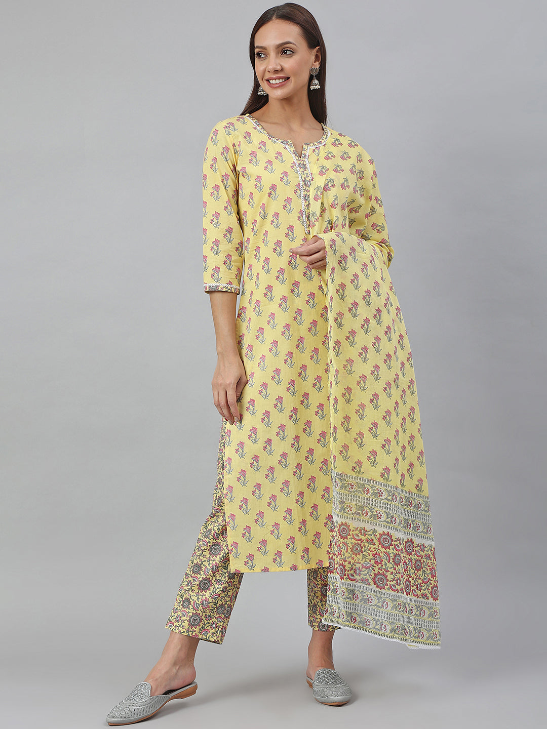 Janasya Women's Yellow Cotton Floral Print Kurta With Pant And Dupatta - Distacart