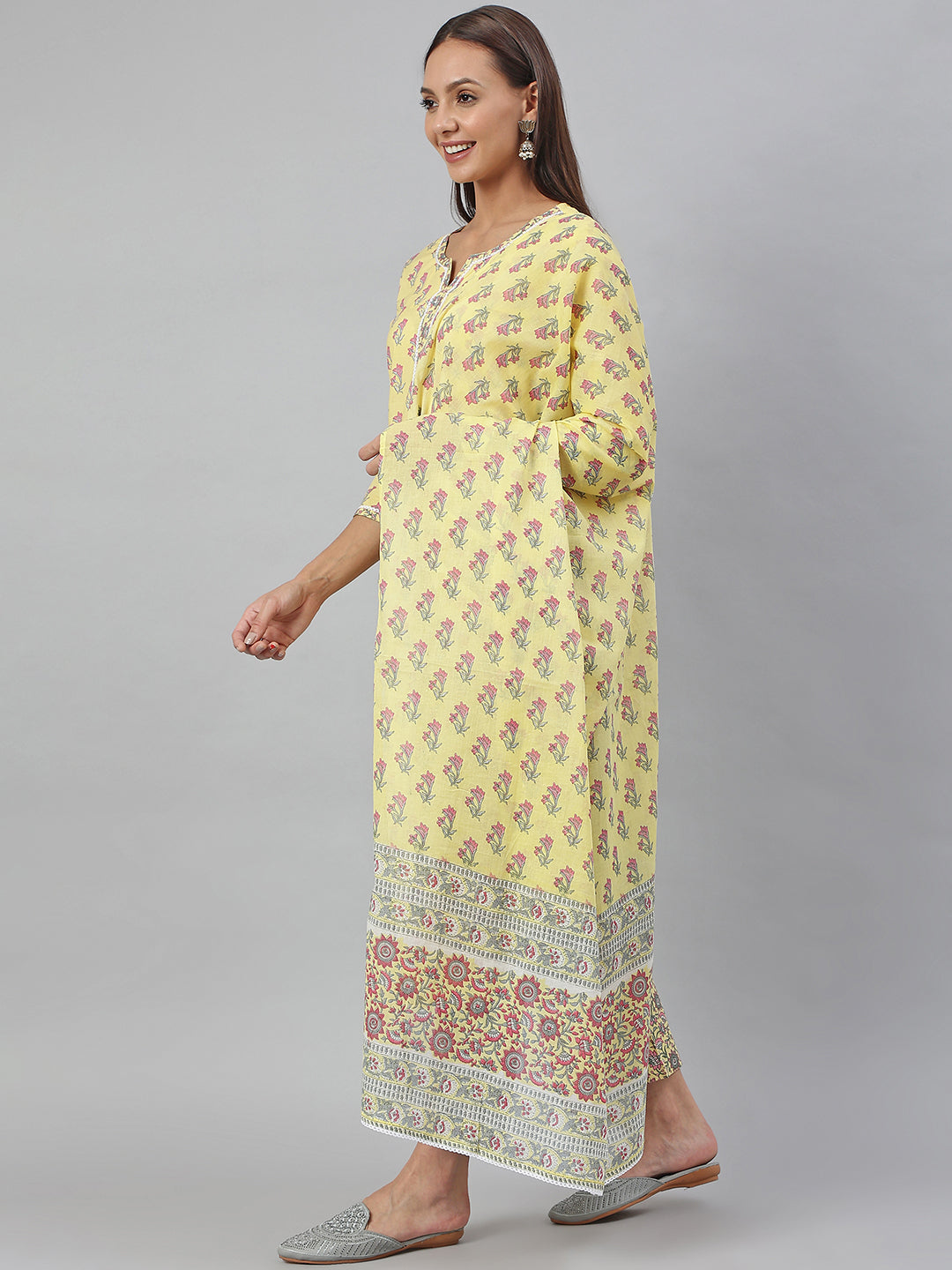 Janasya Women's Yellow Cotton Floral Print Kurta With Pant And Dupatta - Distacart