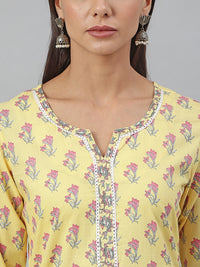 Thumbnail for Janasya Women's Yellow Cotton Floral Print Kurta With Pant And Dupatta - Distacart