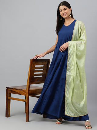 Janasya Women's Dark Blue Rayon Solid Kurta With Dupatta - Distacart