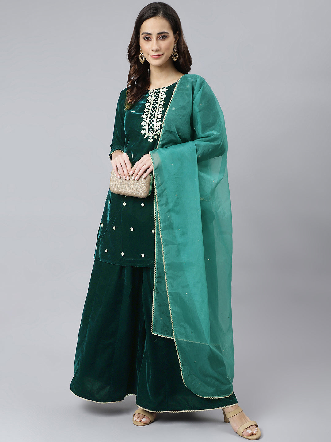 Janasya Women's Dark Green Velvet Floral Embroidery Kurta With Flared Palazzo And Dupatta - Distacart