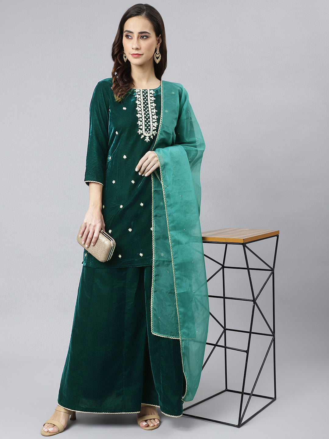 Janasya Women's Dark Green Velvet Floral Embroidery Kurta With Flared Palazzo And Dupatta - Distacart