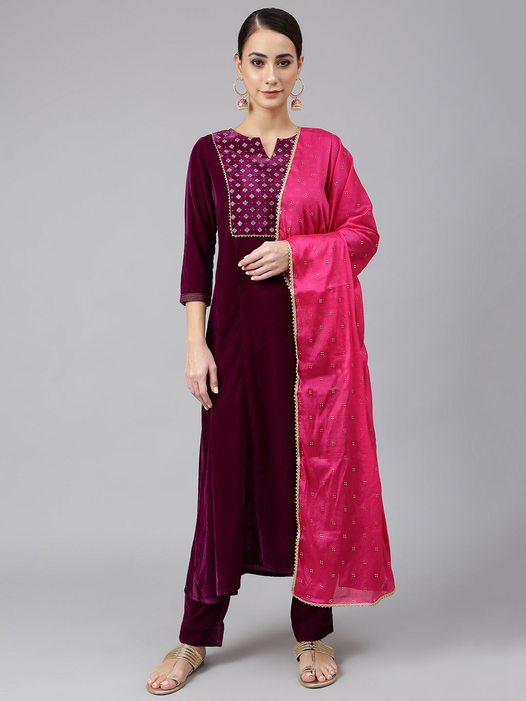Janasya Women's Purple Velvet Solid Kurta With Pant And Dupatta - Distacart