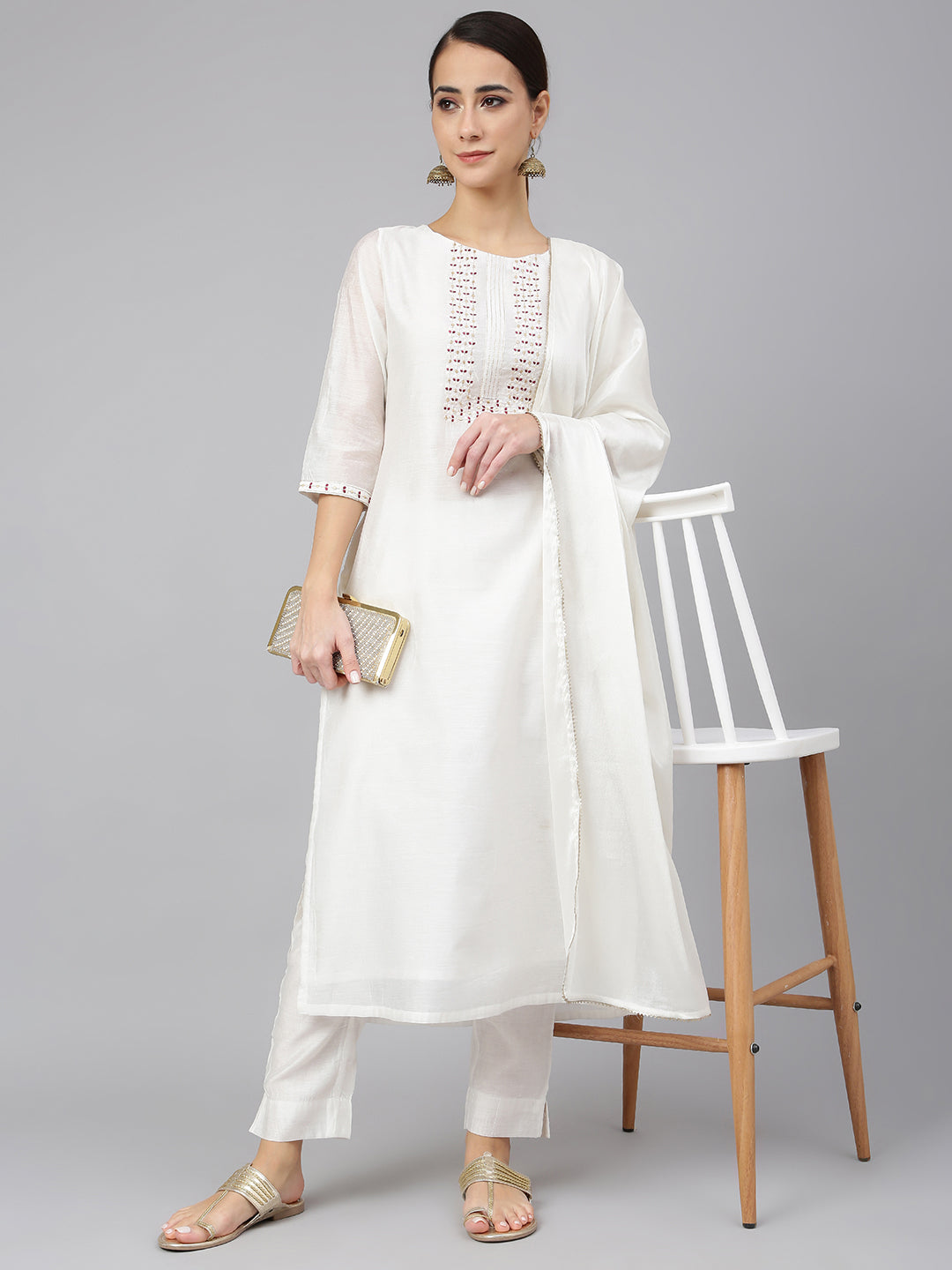 Janasya Women's White Poly Silk Solid Kurta With Pant And Dupatta - Distacart