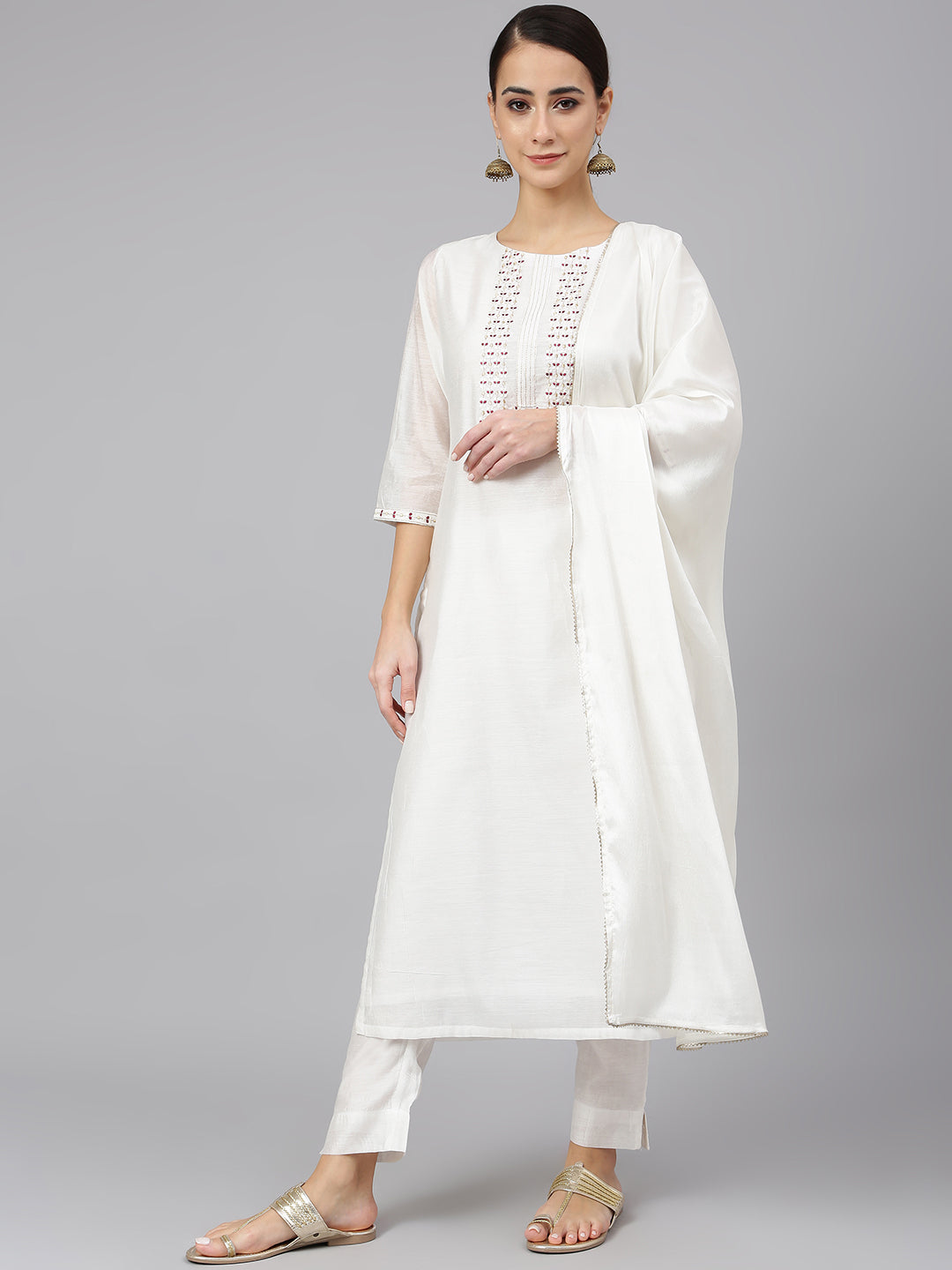 Janasya Women's White Poly Silk Solid Kurta With Pant And Dupatta - Distacart