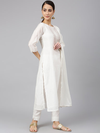 Janasya Women's White Poly Silk Solid Kurta With Pant And Dupatta - Distacart