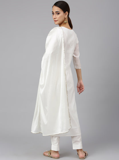 Janasya Women's White Poly Silk Solid Kurta With Pant And Dupatta - Distacart
