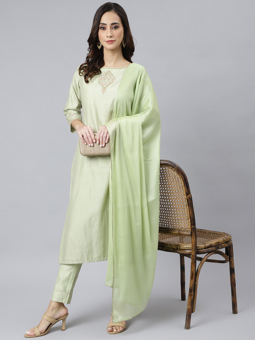 Janasya Women's Sea Green Poly Silk Solid Kurta With Pant And Dupatta - Distacart