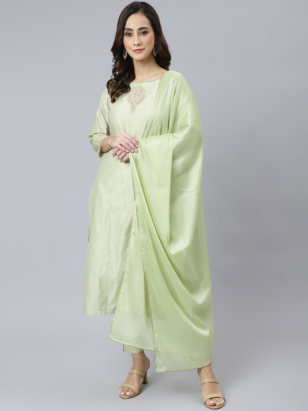 Janasya Women's Sea Green Poly Silk Solid Kurta With Pant And Dupatta - Distacart