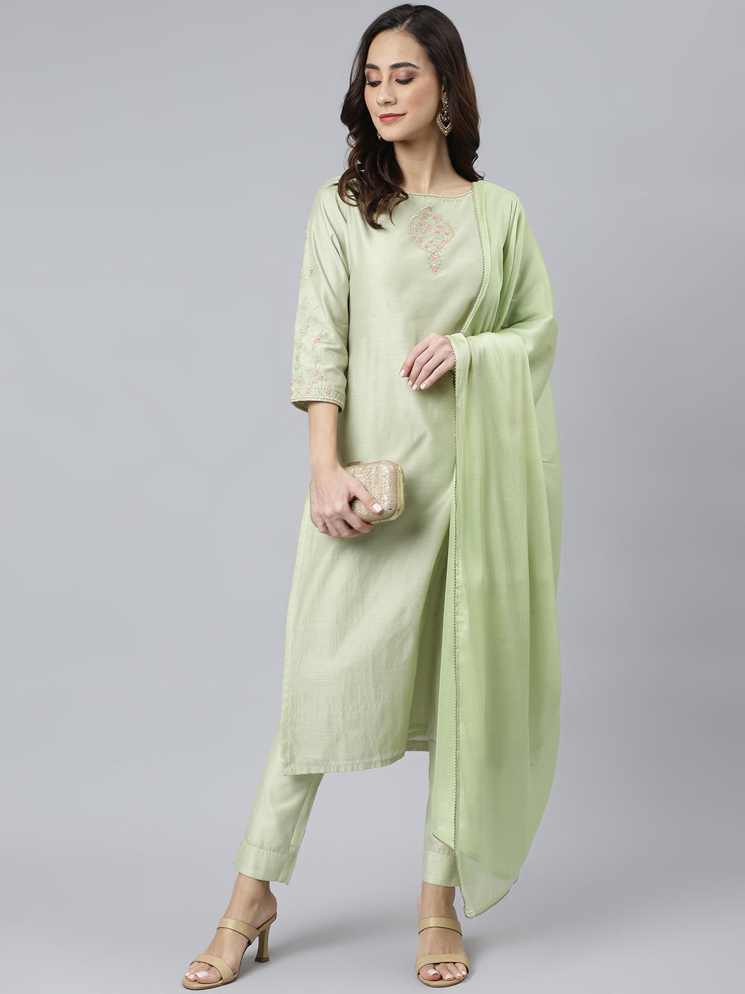 Janasya Women's Sea Green Poly Silk Solid Kurta With Pant And Dupatta - Distacart