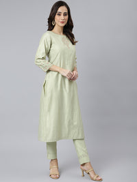 Thumbnail for Janasya Women's Sea Green Poly Silk Solid Kurta With Pant And Dupatta - Distacart