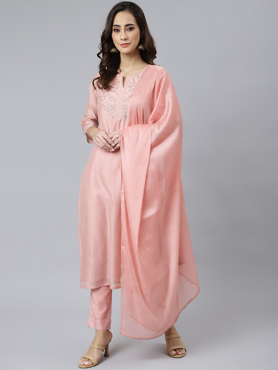 Janasya Women's Baby Pink Poly Silk Solid Kurta With Pant And Dupatta - Distacart